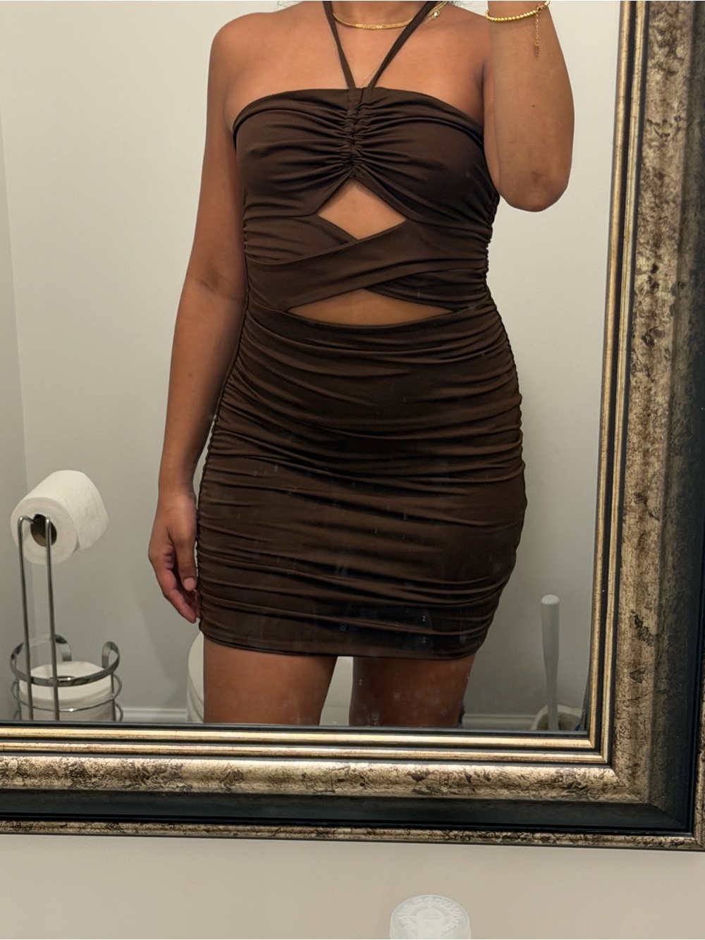 SHEIN Chocolate Strapless Ruched Cutout Bodycon Dress